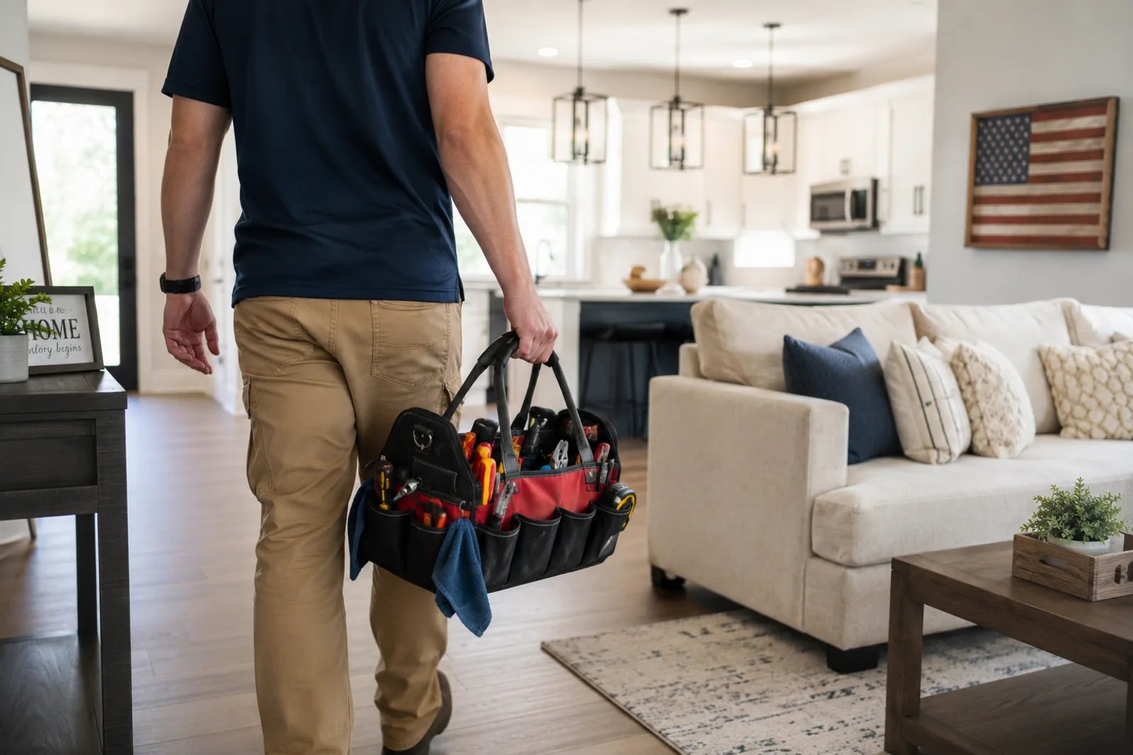 Handyman carrying tools inside a clean Hinesville home